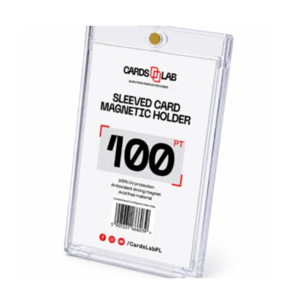Cards Lab Sleeved Card Holder magnetyczny 100pt - widok etui pod kątem wraz z informacjami Cards Lab Sleeved Card Holder magnetyczny 100pt z ochroną UV